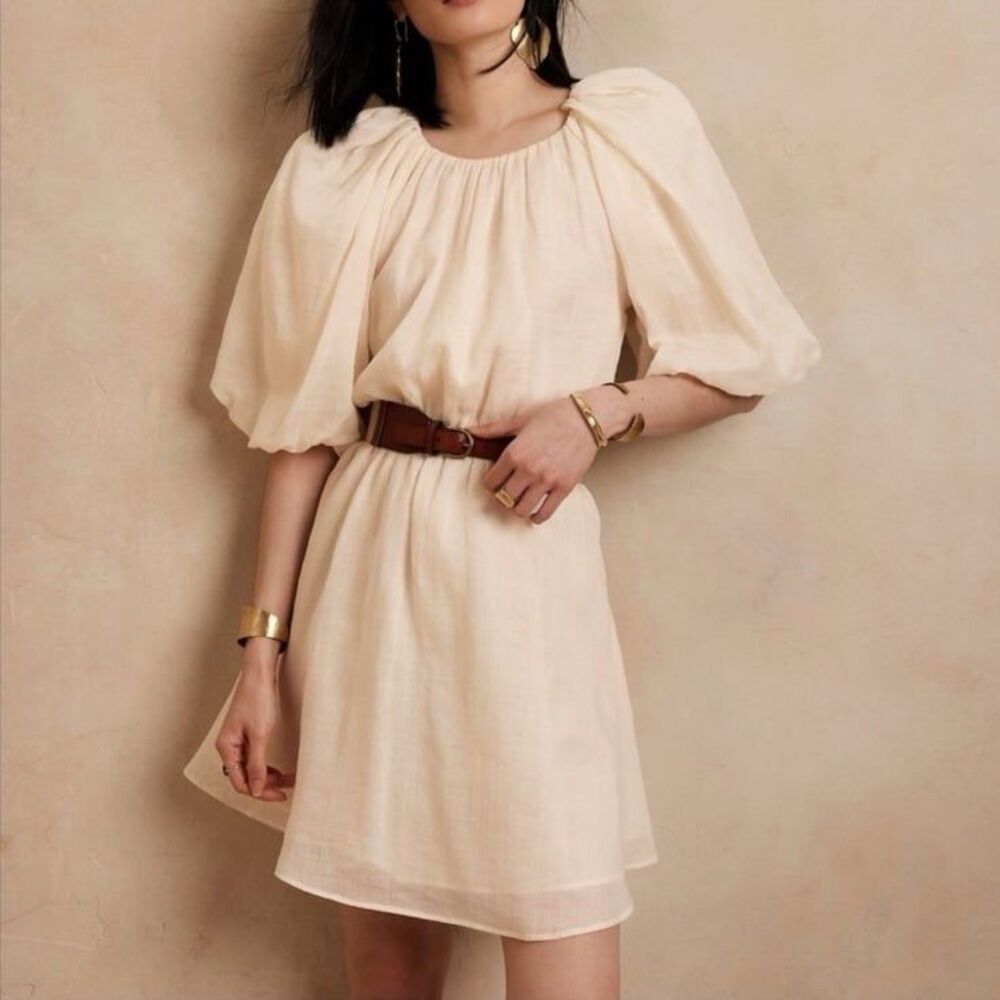 Banana Republic Ramie Open-Back Mini Dress Puff Sleeve Belted Bone Medium